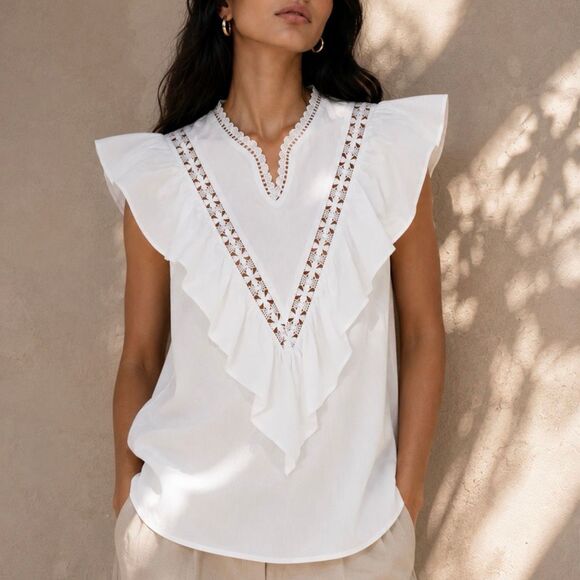 MI GOLONDRINA Tops - MI GOLONDRINA Valentina White Blouse Top Size Small Ruffle White Embroidered
